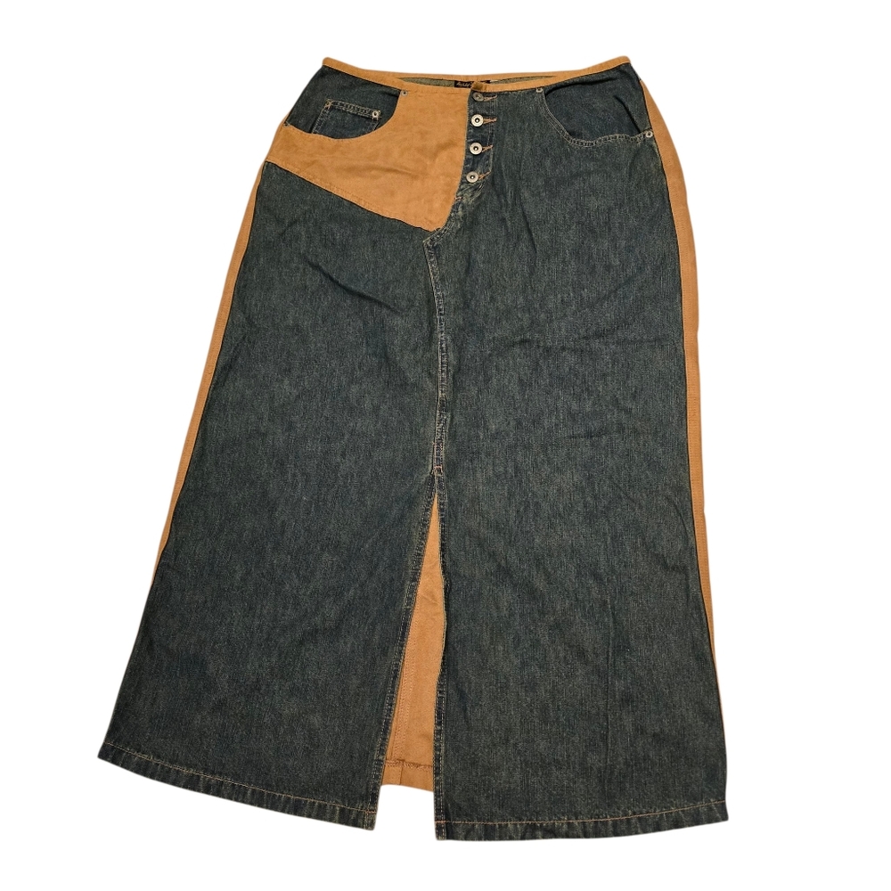 Ashley Stewart Denim Maxi Skirt Western Faux Suede Patchwork Jean Cowgirlcore 14